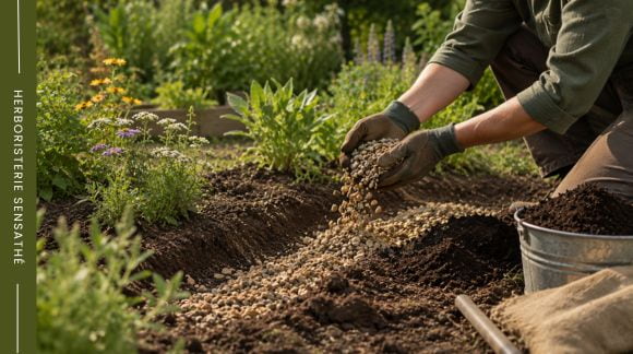 Préparation du sol des Astéracées au jardin  amélioration du drainage avec apport de gravier avant la plantation des plantes médicinales - Herboristerie Sensathé